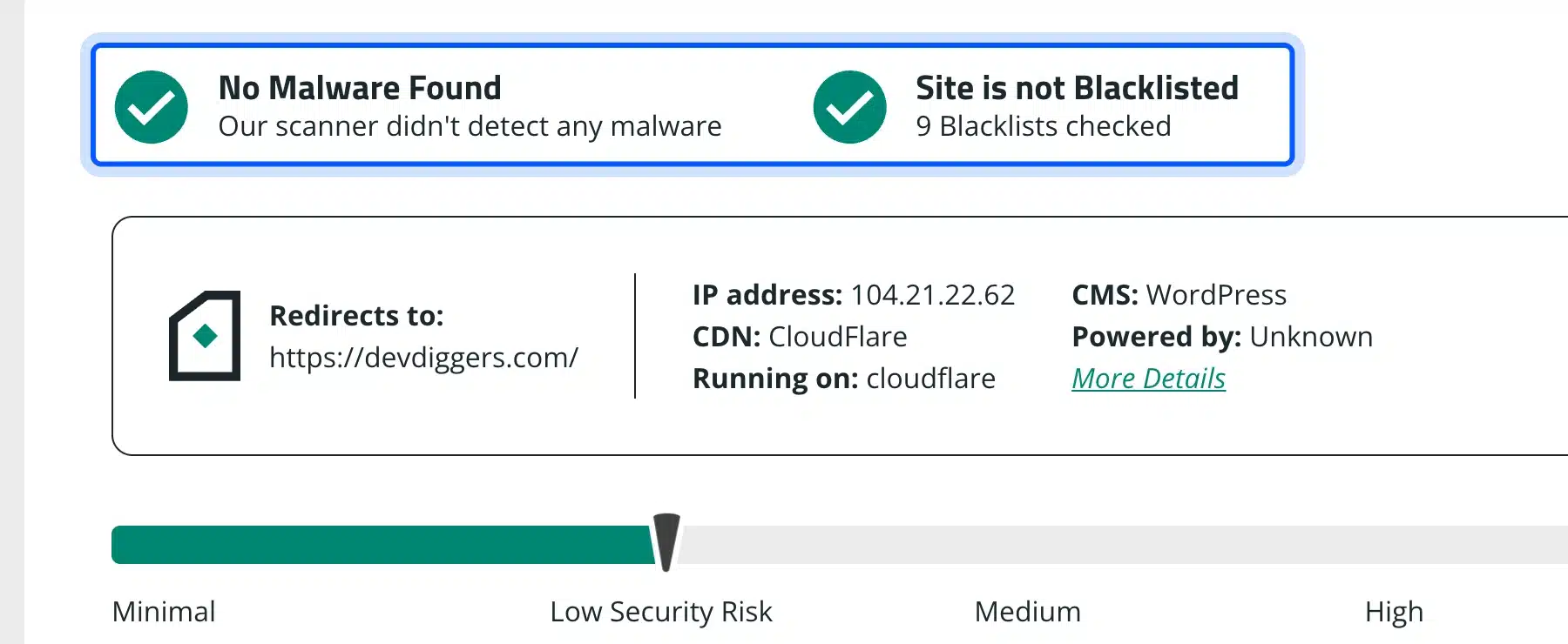 Sucuri SiteCheck result with no malware found