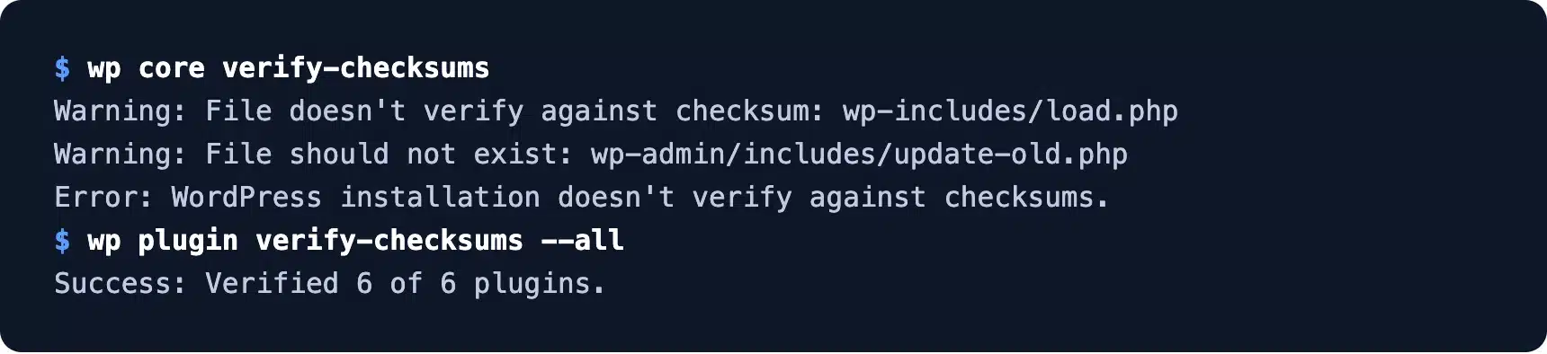 WP-CLI core verify-checksums warnings for two files