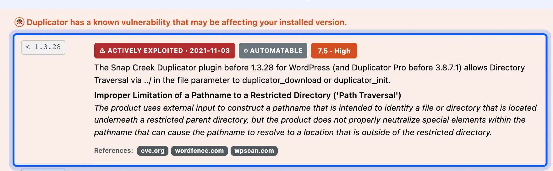 WP Vulnerability warning for Duplicator on the Plugins screen