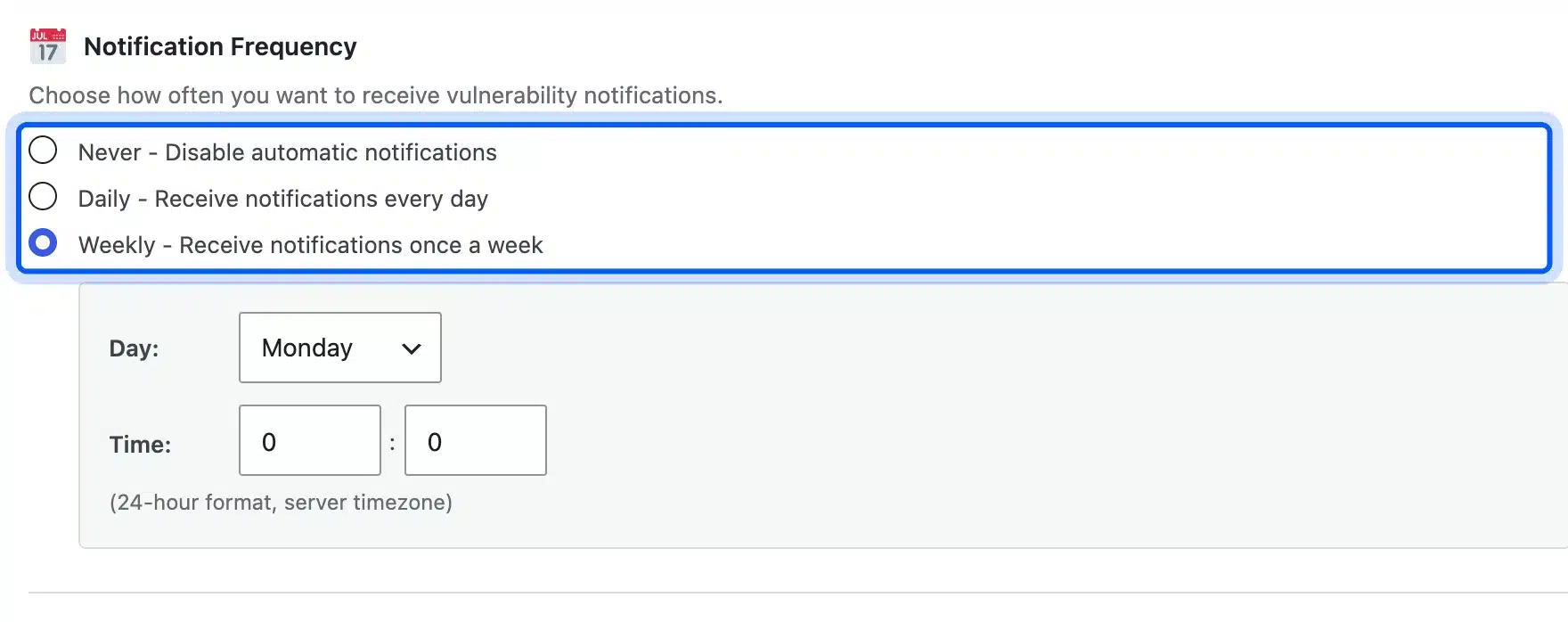 WP Vulnerability scheduled scan notification frequency