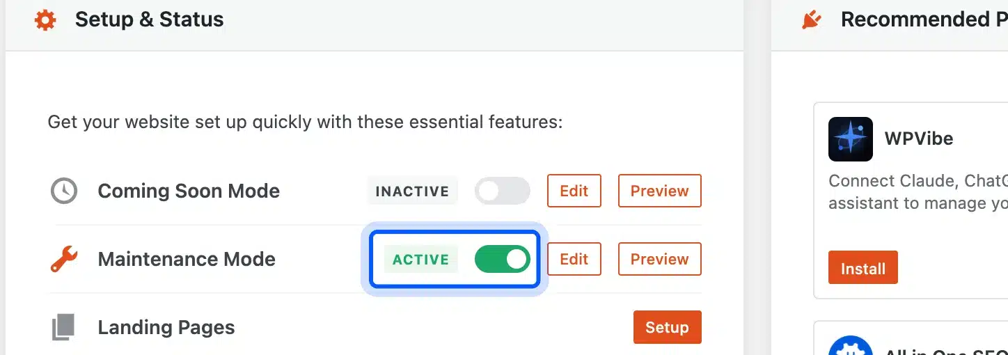 SeedProd Maintenance Mode toggle set to Active