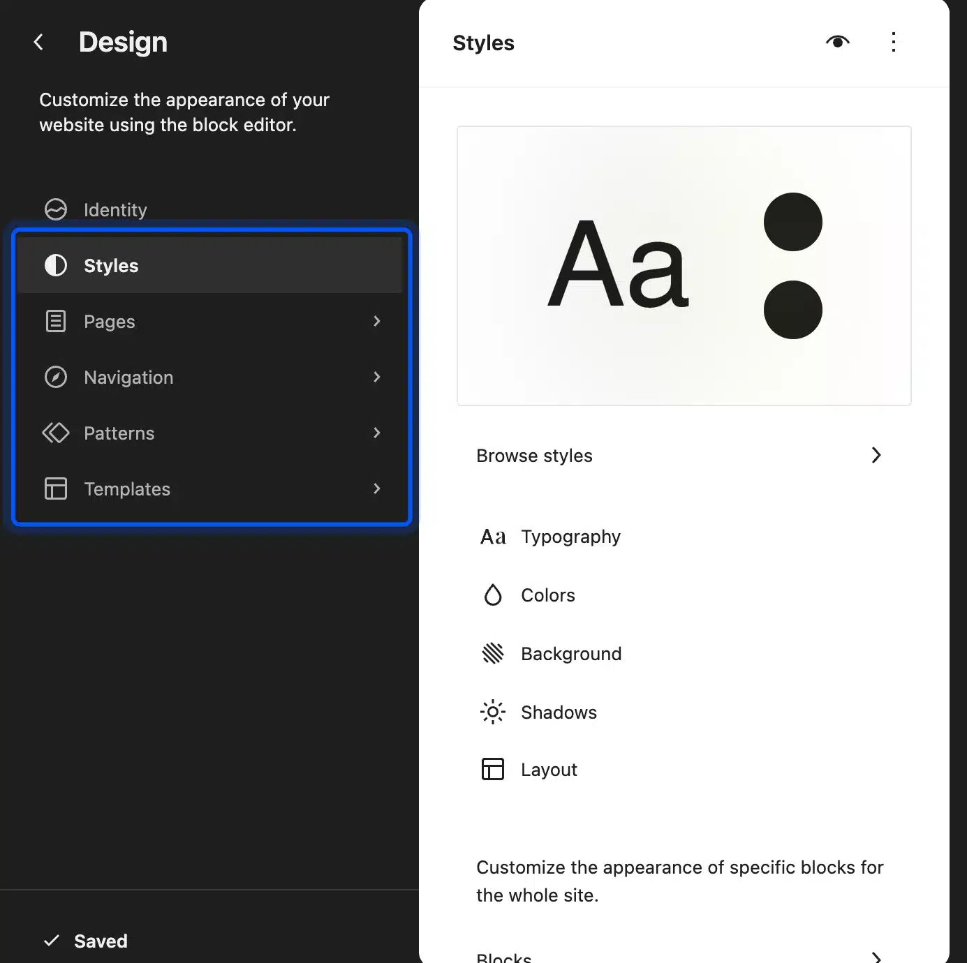 WordPress Site Editor menu with Styles, Patterns and Templates