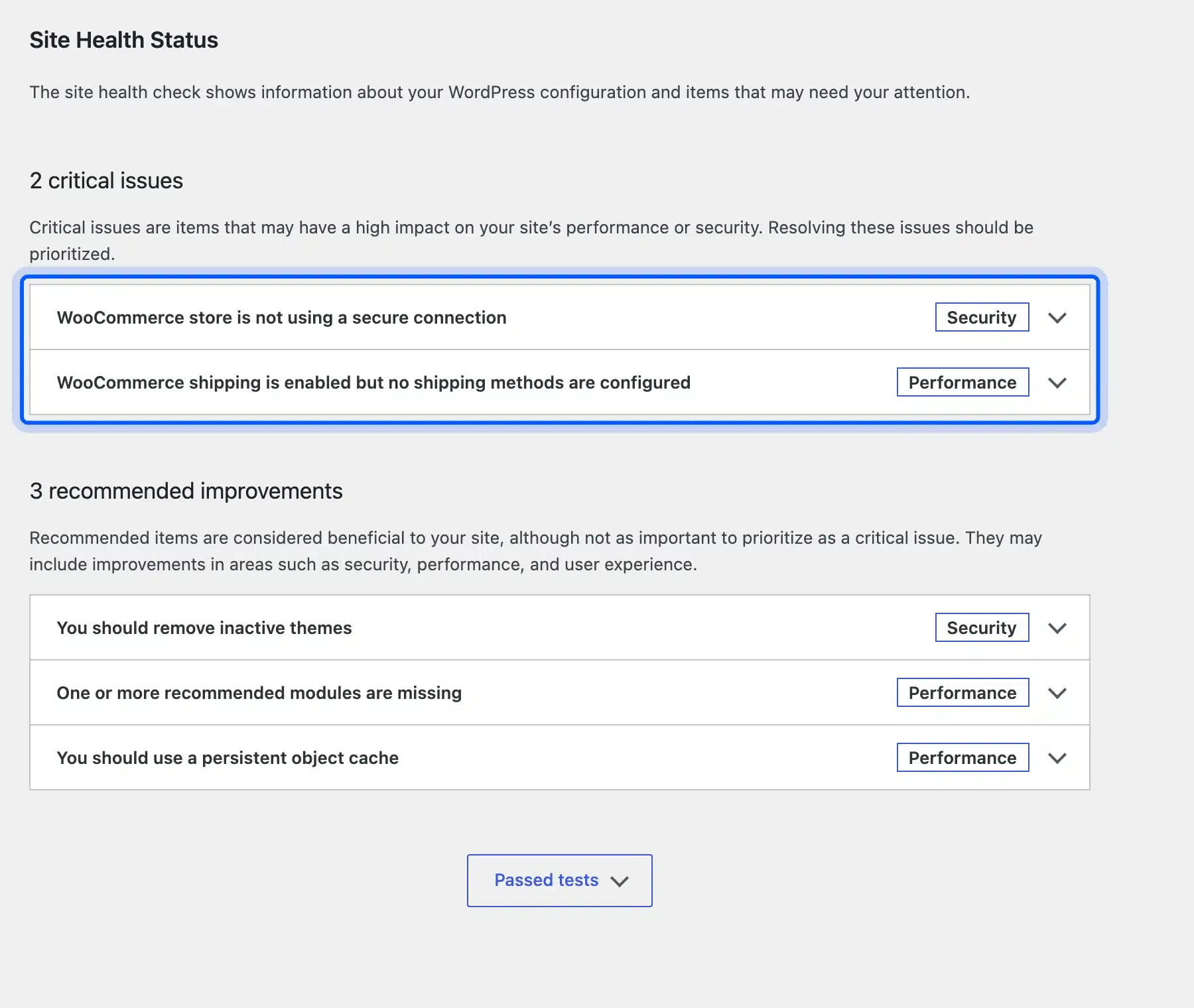 WordPress Site Health showing critical issues in a website audit