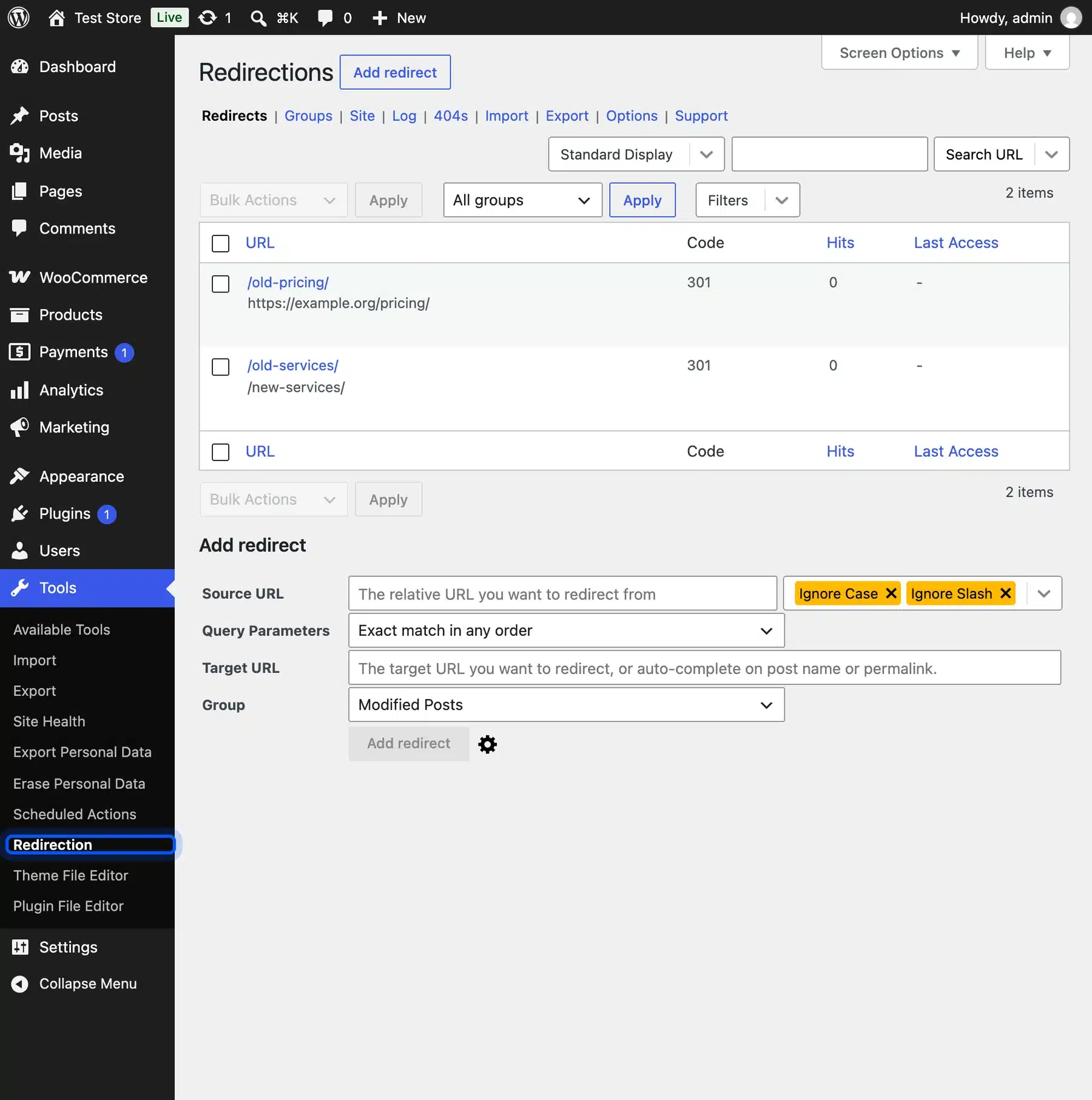 Redirection link under Tools in the WordPress admin menu
