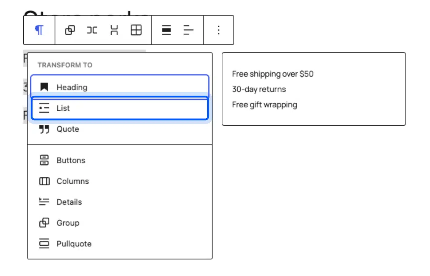 WordPress Transform to menu with the List option highlighted for three selected paragraphs