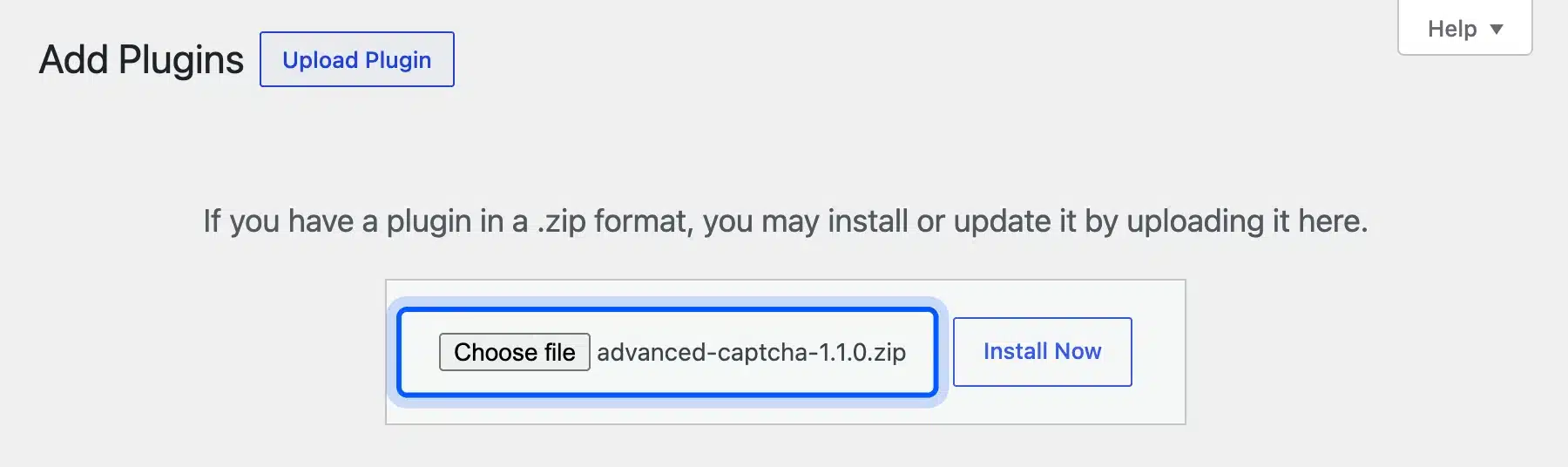 Choose file button on the Upload Plugin screen with the Advanced CAPTCHA zip selected