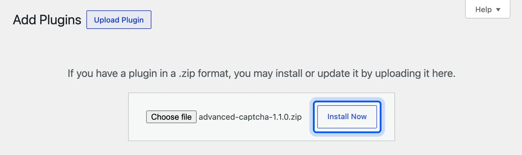 Install Now button on the Upload Plugin screen after choosing the plugin zip