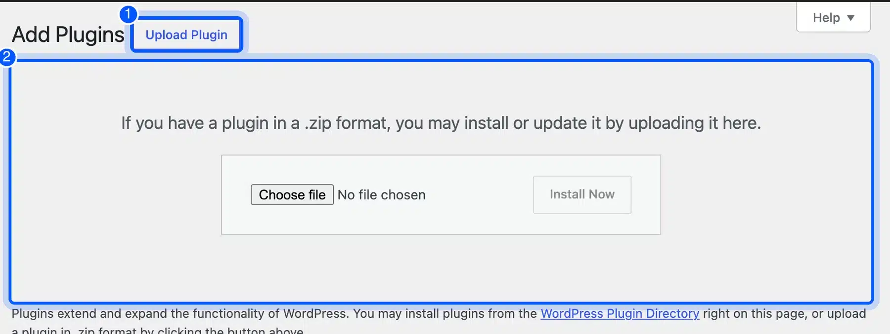 WordPress Add Plugins screen with the Upload Plugin button and zip file form highlighted