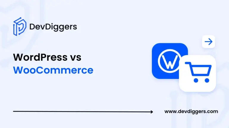 Flat WordPress logo block beside a WooCommerce cart block icon for WordPress vs WooCommerce