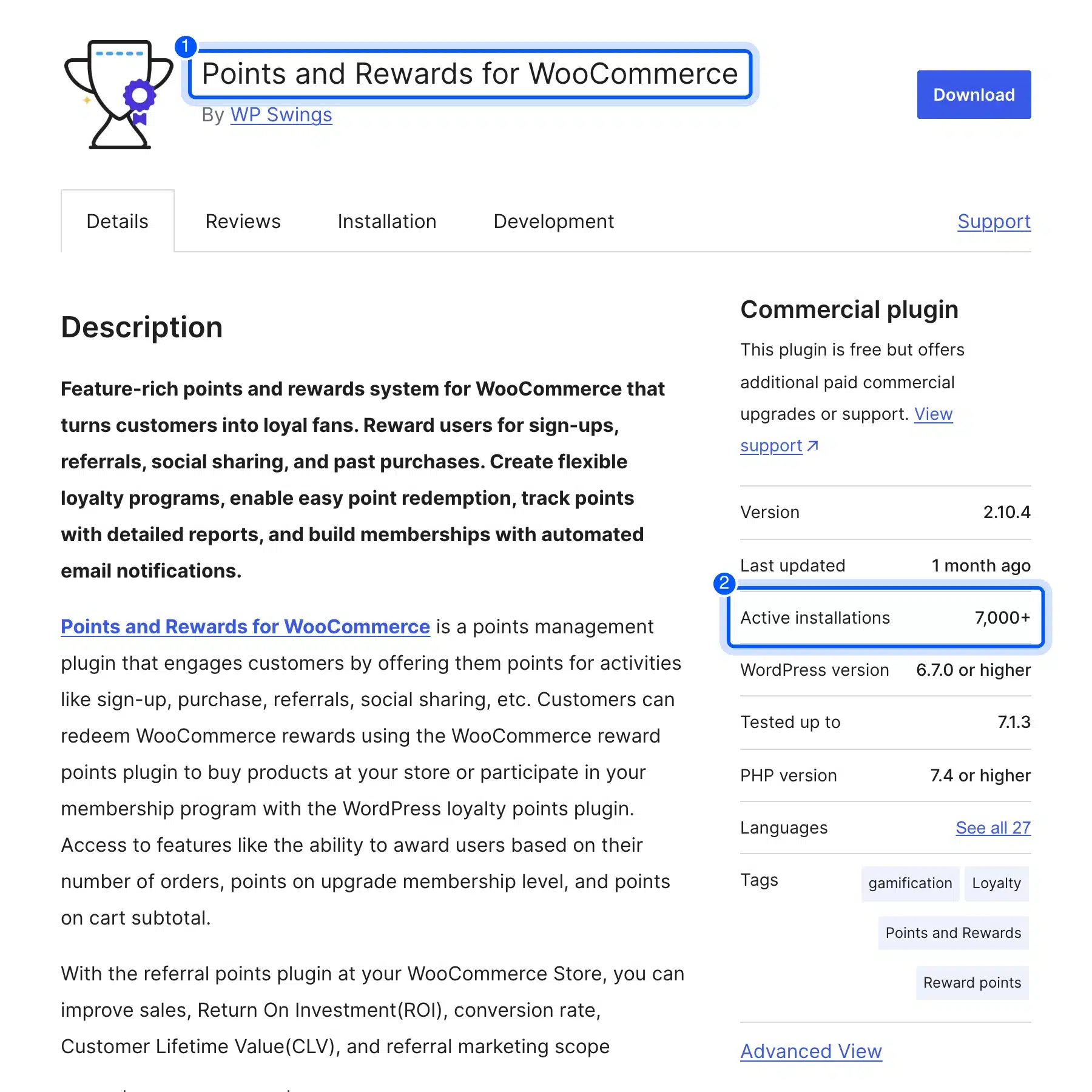 Points and Rewards for WooCommerce listing on WordPress.org showing 7,000+ active installations