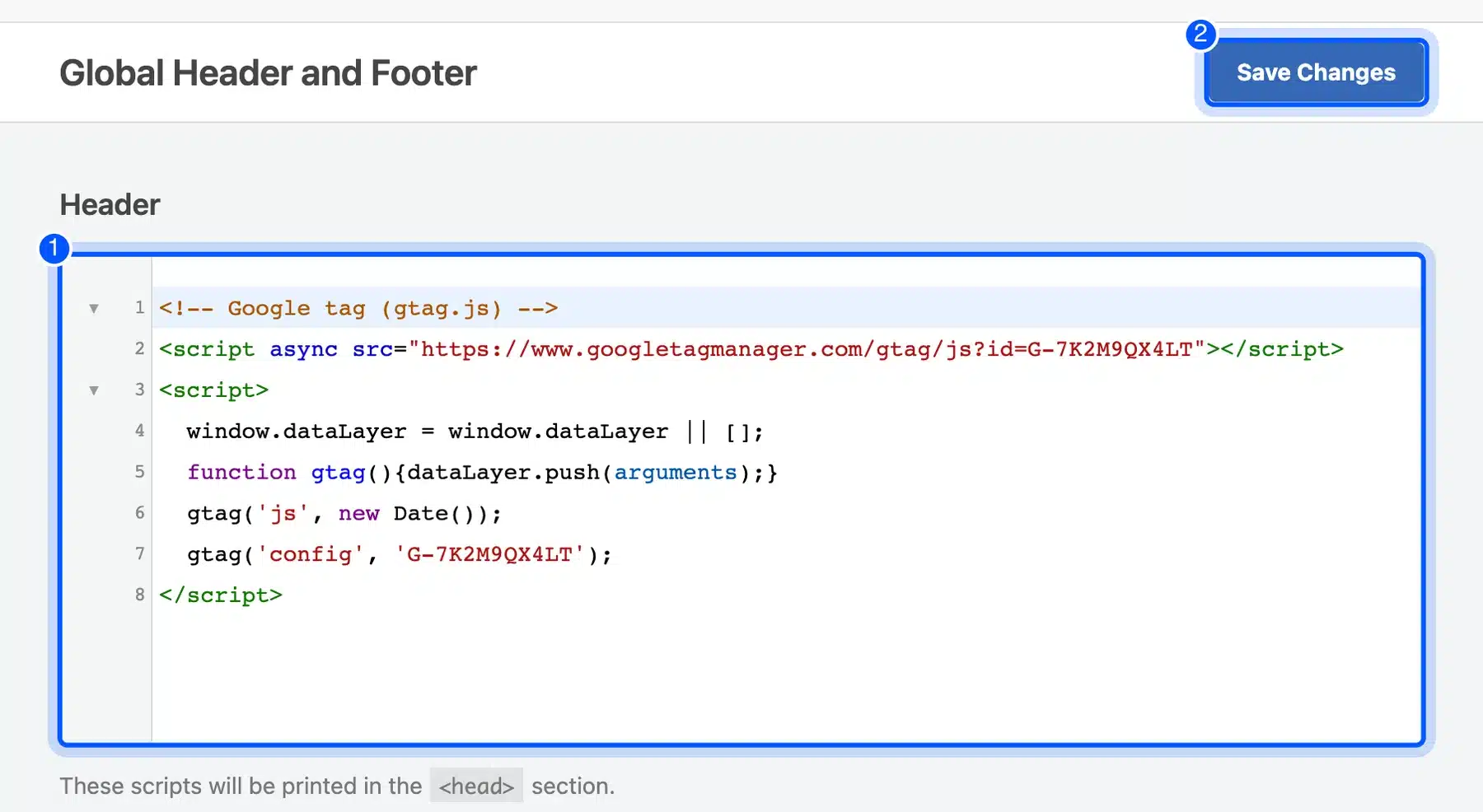 WPCode Global Header and Footer screen with the Google tag in the Header box and Save Changes