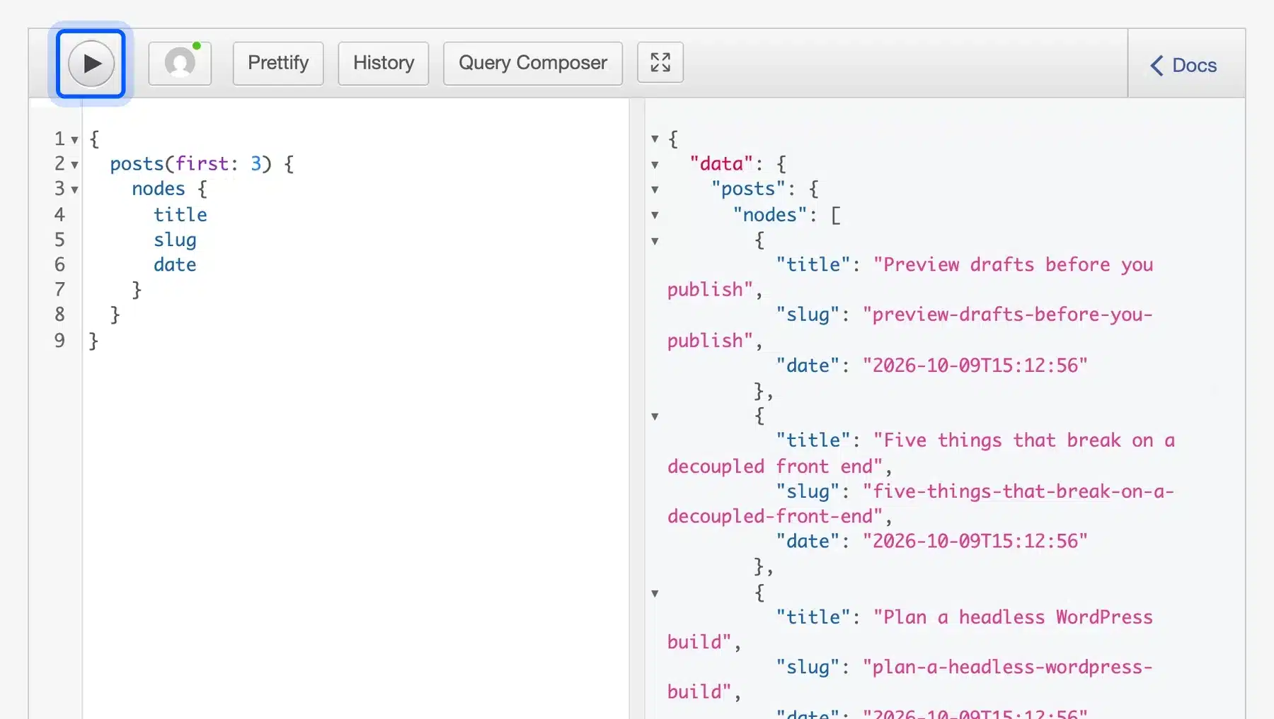WPGraphQL GraphiQL IDE running a posts query on a headless WordPress site