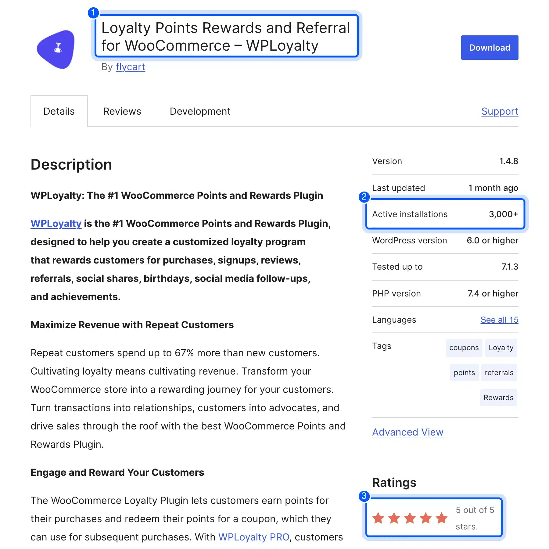 WPLoyalty listing on WordPress.org showing 3,000+ active installations and a 5 out of 5 rating